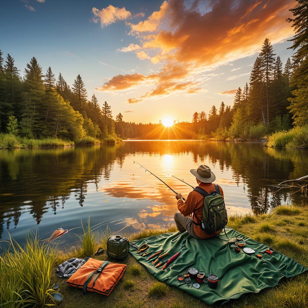 A serene lakeside scene showcasing a lush green environment with a person happily fly fishing, surrounded by various affordable fly fishing gear laid out neatly on a picnic blanket. The background features a vibrant sunset reflecting in the water, highlighting the peaceful yet adventurous spirit of budgeting for fly fishing. Include some colorful aquatic life in the water for added vibrancy. super-realistic. vibrant colors. sunset backdrop.