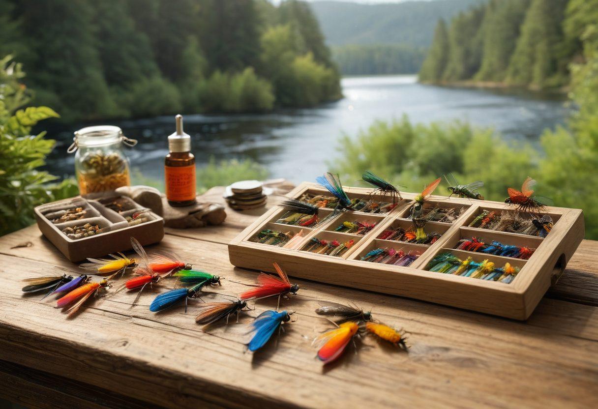 A vibrant and engaging scene featuring an assortment of colorful discount flies and accessories, artfully arranged on a rustic wooden table. Include a scenic backdrop of a tranquil river with lush greenery and the hint of a fishing rod leaning against the table. Bright, eye-catching labels showcasing discounts pepper the scene to evoke a sense of savings and excitement. super-realistic. vibrant colors. natural lighting.