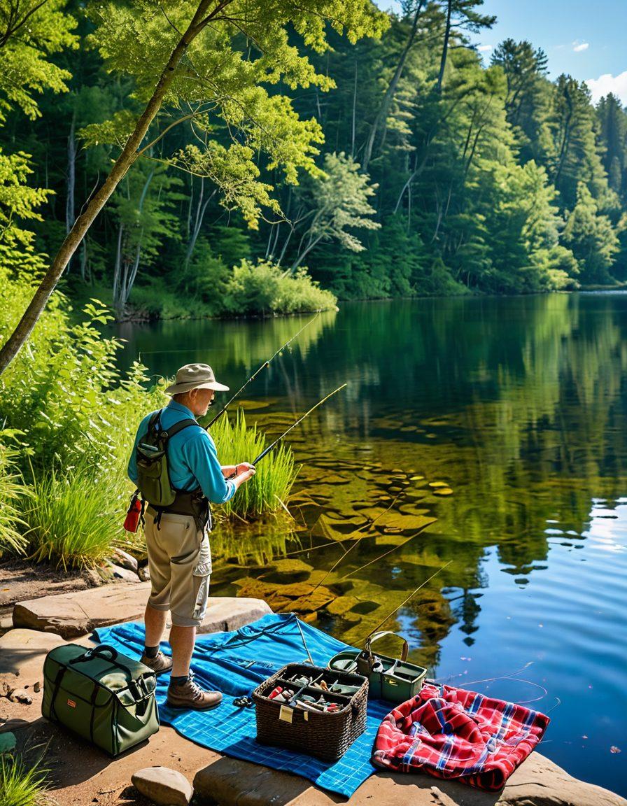A serene lakeside scene with an angler happily casting a line, surrounded by budget-friendly fly fishing gear laid out on a picnic blanket. Include a colorful tackle box, a well-used fly rod, and a nearby basket filled with fresh catches. The background features lush greenery and a bright blue sky, conveying a sense of tranquility and adventure. Artistic style: super-realistic. vibrant colors. natural lighting.